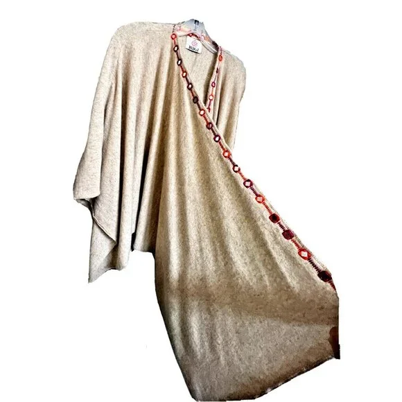 BUNAI Sequin Knit Billowy Women Cardigan Shawl Poncho Open Front Beige FREE SIZE